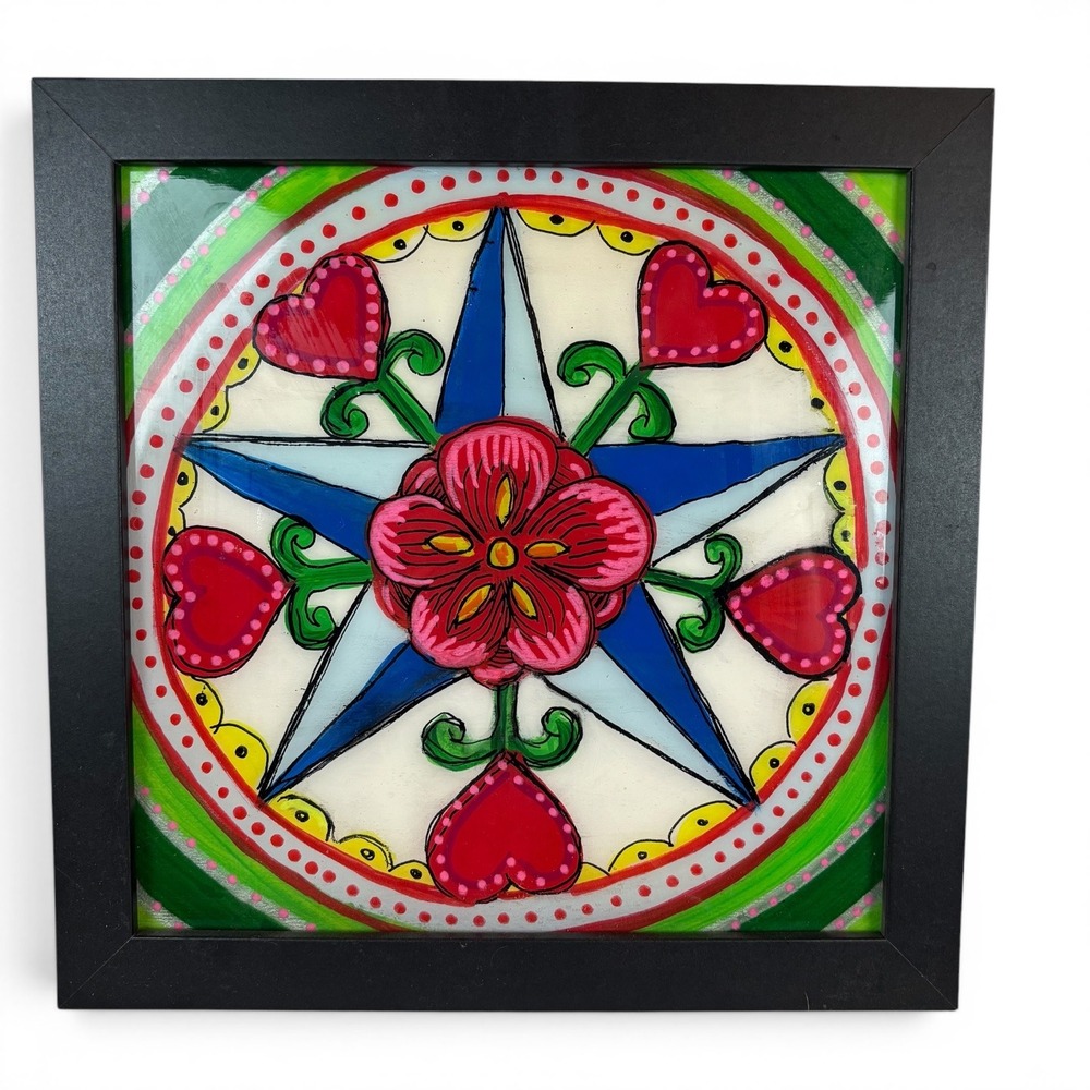 Pennsylvania Dutch Hex Pain Folk Art Framed Painting Hearts Flower Star 9.5x9.5